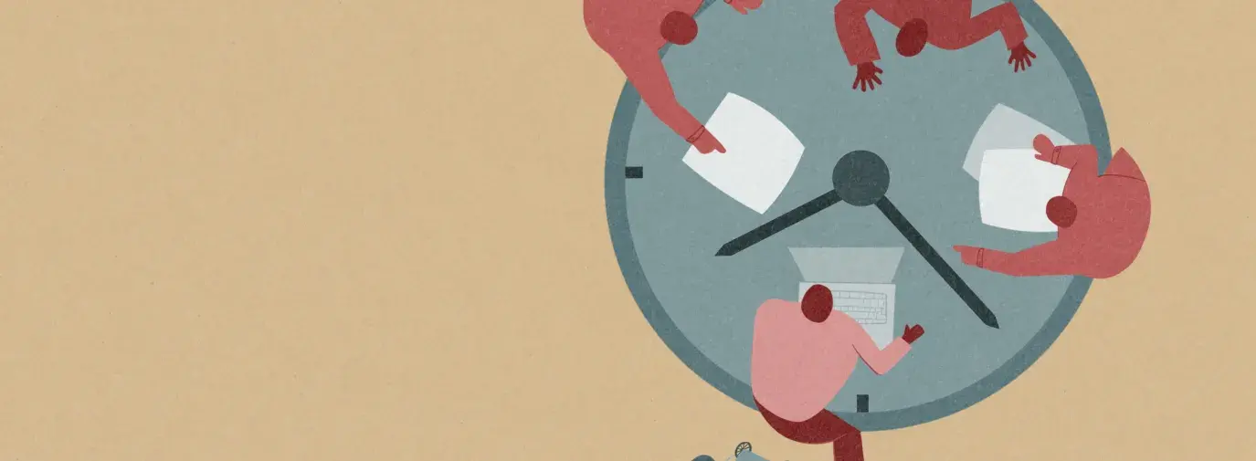 a conceptual illustration. It's a birds eye view of four people sitting around a table looking at papers and discussing. The table has hands like a clock.